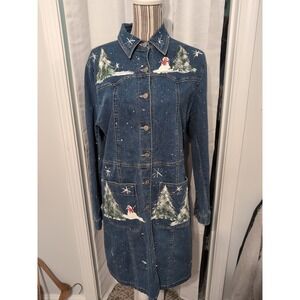 Vtg. Joujou Denim Christmas Shirt Dress Large‎ Holiday Boho Cottagecore Fun Cute